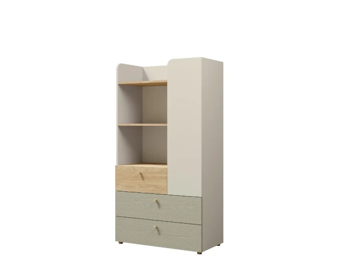 Kombikommode mit offenen Fächern und Schubladen in Eiche und Grün für das Kinderzimmer.
