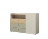 Sideboard in Weiß und hellem Holz mit grünen Schubladen für das Kinderzimmer.