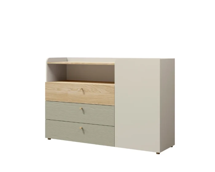 Sideboard in Weiß und hellem Holz mit grünen Schubladen für das Kinderzimmer.