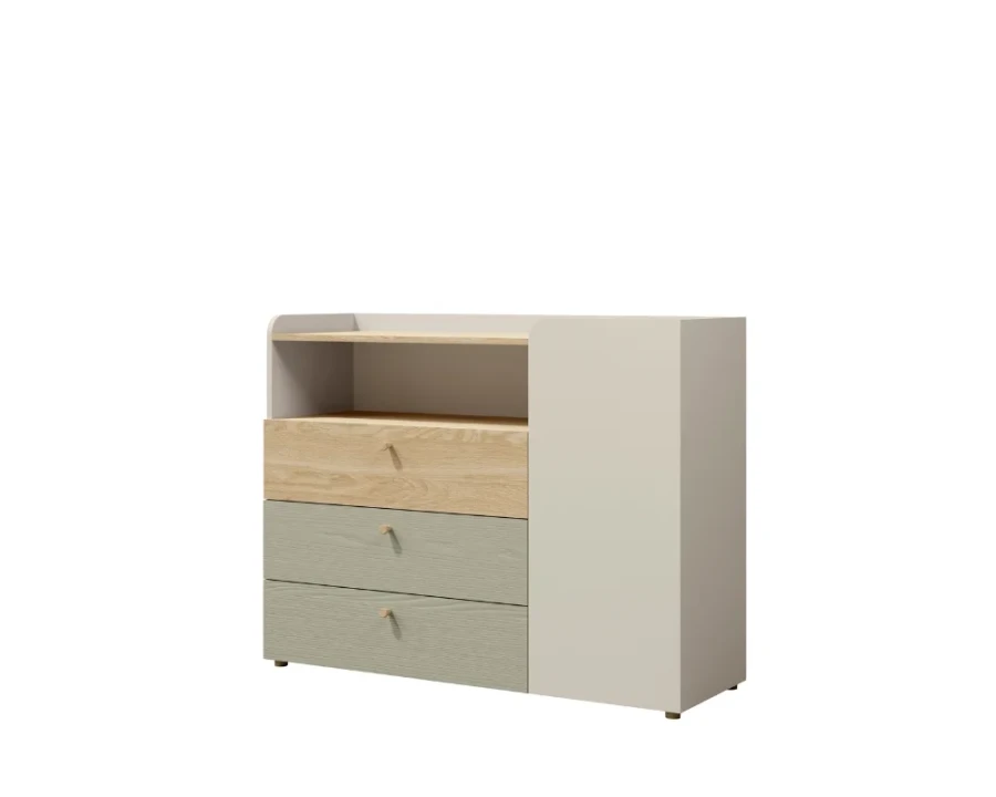 Moderne Kommode in Beige, Eiche und Salbeigrün mit drei Schubladen und offenem Fach.