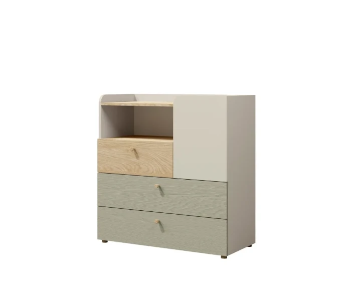 Beige Kommode mit Akzenten in Eiche und Salbeigrün für ein modernes Jugendzimmer.