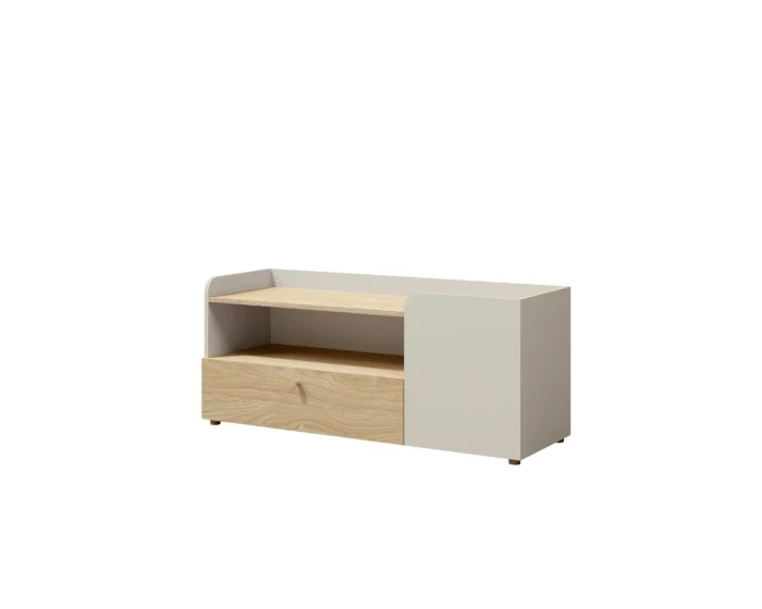 Minimalistisches TV-Lowboard in Eichenoptik und Grau mit Schublade und offenem Ablagefach.