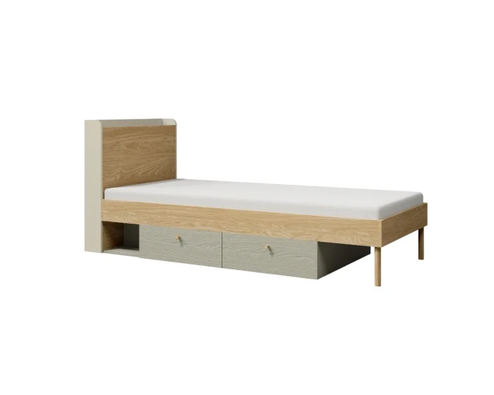 Modernes Einzelbett in Eiche mit zwei Schubladen in Salbeigrün und weißer Matratze.