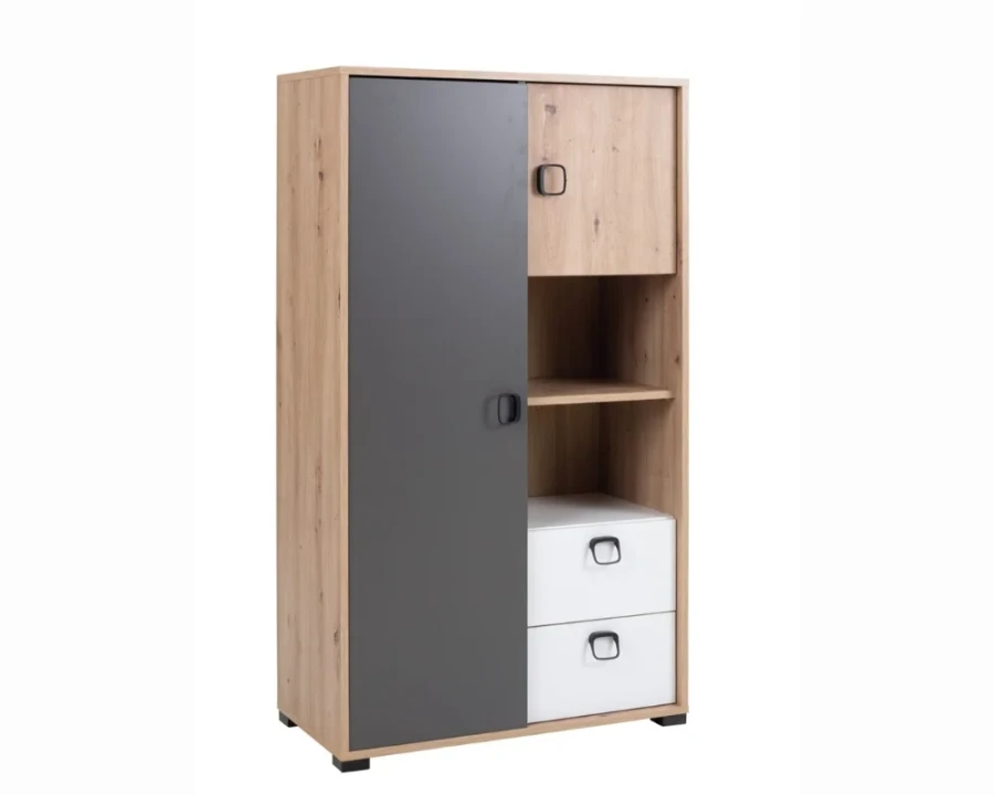 Moderner Schrank in Eiche-Optik mit grauer Tür und weißen Schubfächern für das Jugendzimmer.