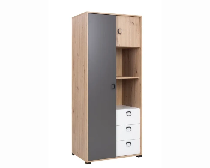 Schmaler Kleiderschrank in Eiche-Dekor mit grauer Tür und weißen Schubladen, Kami Kollektion.