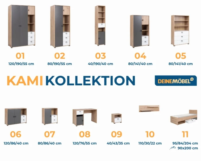 Übersicht der KAMI Möbelkollektion mit Schränken, Regalen und Bett in Eiche-Optik und Grau.