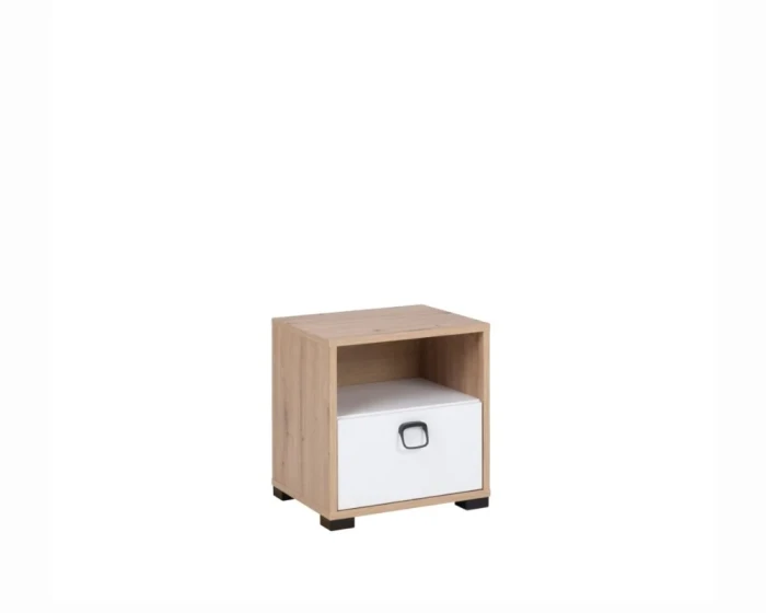 Kleiner KAMI Nachttisch in Eiche-Optik mit einer weißen Schublade für das Schlafzimmer.