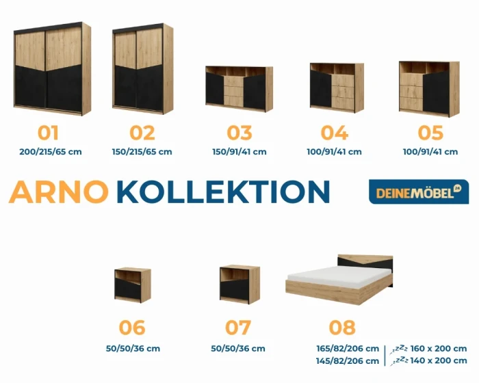 Übersicht der Arno Kollektion: Kleiderschränke, Kommoden, Nachttische und Bett in Eiche-Optik mit Schwarz.