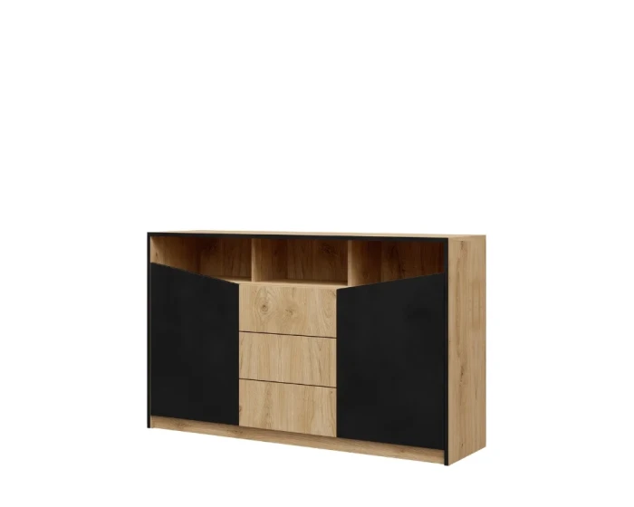 Moderne Kommode in Eiche-Optik mit schwarzen Fronten und drei zentralen Schubladen.