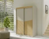 Zweitüriger Schwebetürenschrank in Creme und Eiche mit modernem geometrischem Design.