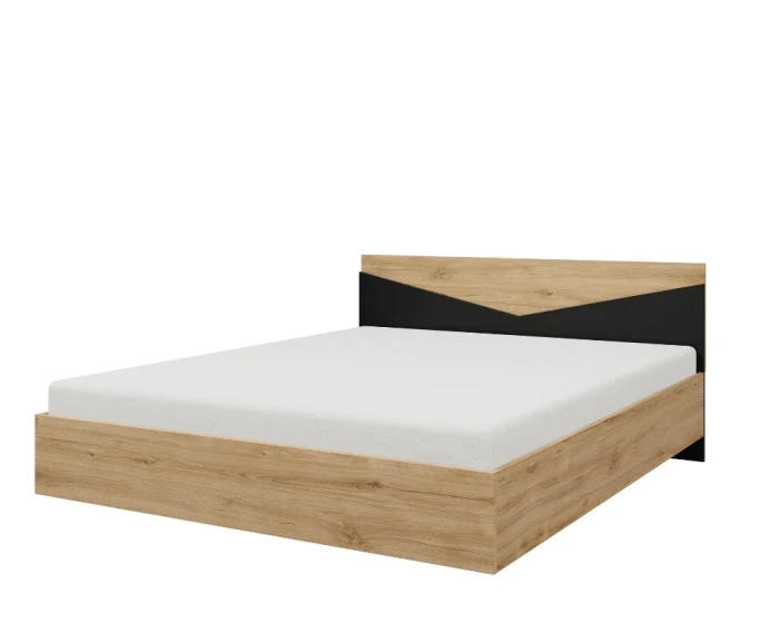 Modernes Doppelbett in Eiche-Optik mit zweifarbigem Kopfteil in Schwarz und Holz.