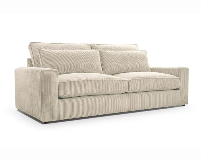 Beiges 3-Sitzer Cordsofa in moderner Optik, perspektivische Ansicht von vorne rechts.