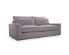 Graues Sofa in Cord-Optik, gemütlicher 3-Sitzer mit Kissen, schräge Ansicht von vorne.