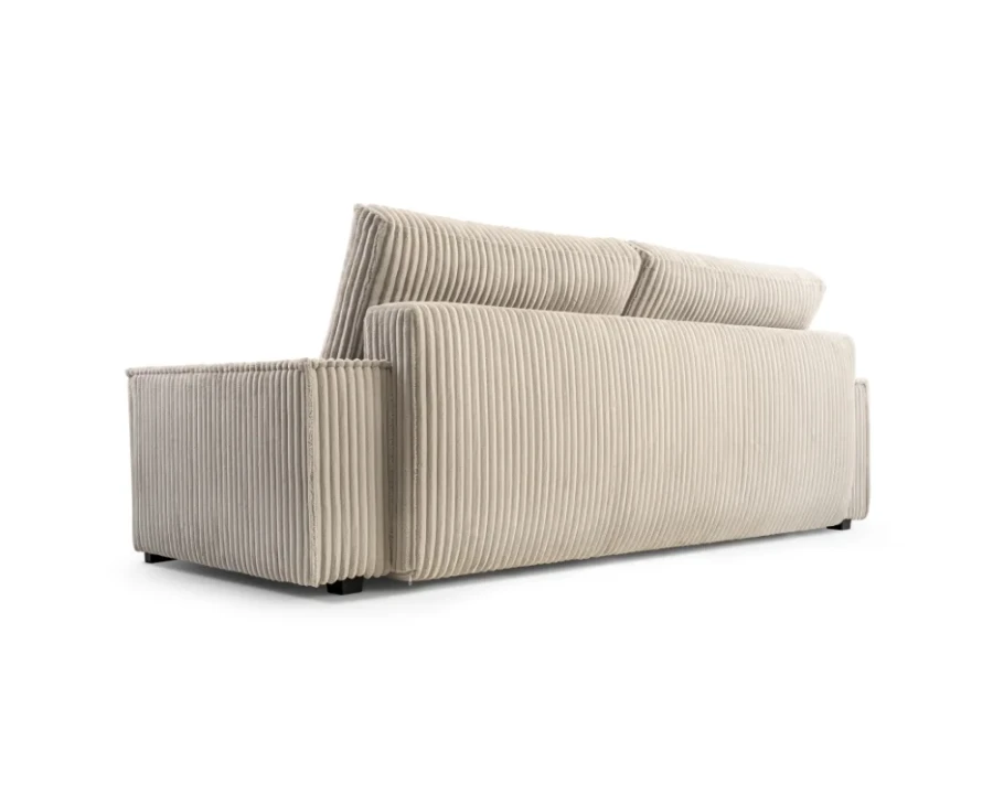 Rückansicht eines freistehenden Sofas aus beigem Cordstoff