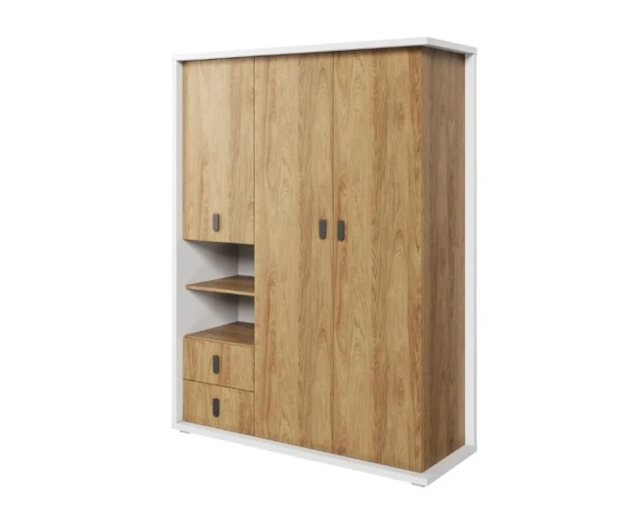 Dreitüriger Kleiderschrank in Eiche-Optik mit weißen Akzenten, offenen Regalen und Schubladen für das Kinderzimmer.