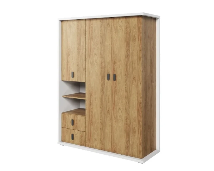 Dreitüriger Kleiderschrank in Eiche-Optik mit weißen Akzenten, offenen Regalen und Schubladen für das Kinderzimmer.
