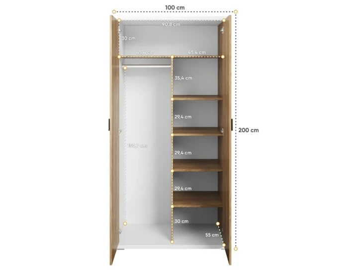 Innenansicht Kleiderschrank mit Maßen: Kleiderstange und Regalfächer für optimale Organisation.