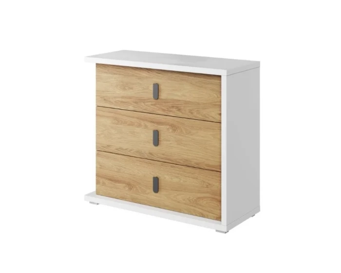 Moderne Kommode mit weißem Korpus und drei Schubladen in Eichenoptik für Schlaf- oder Wohnzimmer.