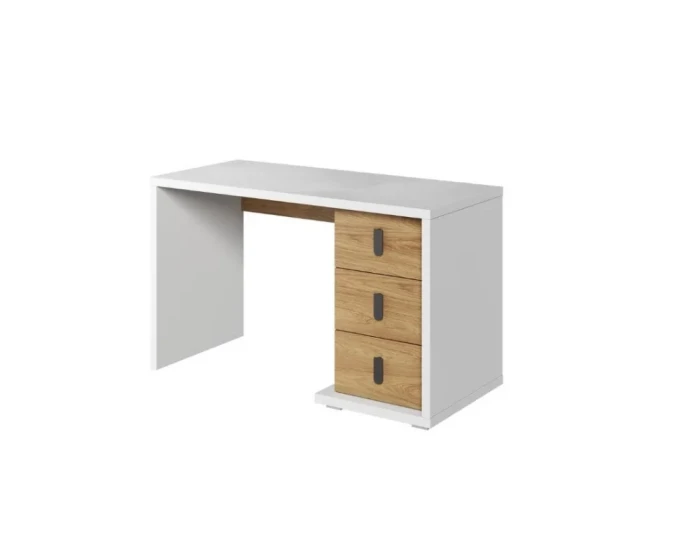 Schreibtisch in Weiß mit 3 Schubladen in Eiche-Optik – ideal für Büro oder Jugendzimmer.