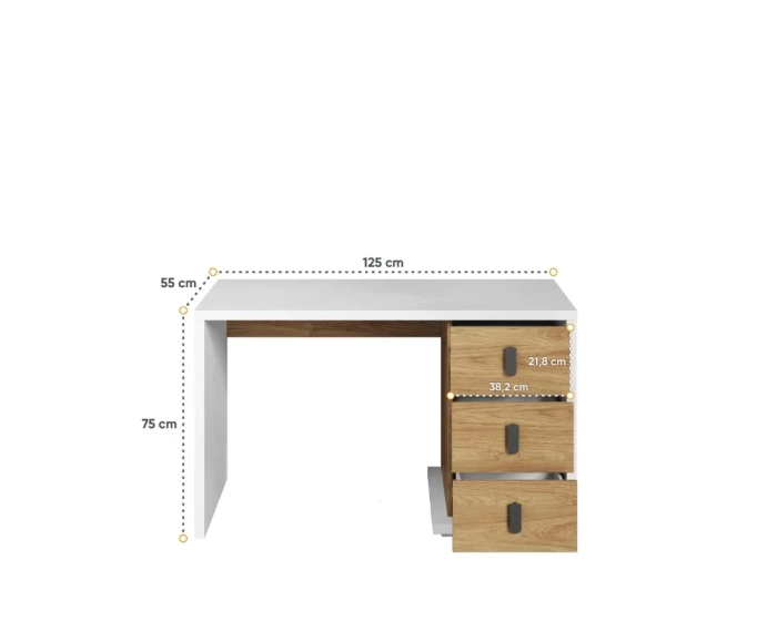 Maßangaben für den Schreibtisch: 125x75x55 cm – Übersicht der Abmessungen und Schubladengrößen.