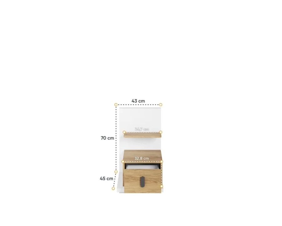 Maßskizze eines Nachttischs mit Schublade: 43 cm Breite und 70 cm Höhe.