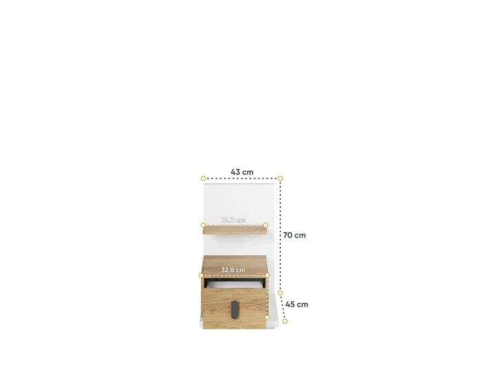Afmetingen voor nachtkastje-paneel met plank en lade in eiken en wit.