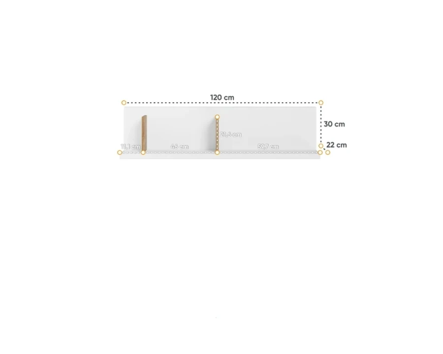 Detailzeichnung Wandregal: 120 cm Breite, 30 cm Höhe, 22 cm Tiefe.
