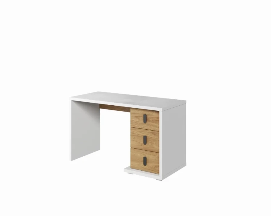 Weißer Arbeitstisch mit drei Schubfächern in natürlicher Holzoptik.