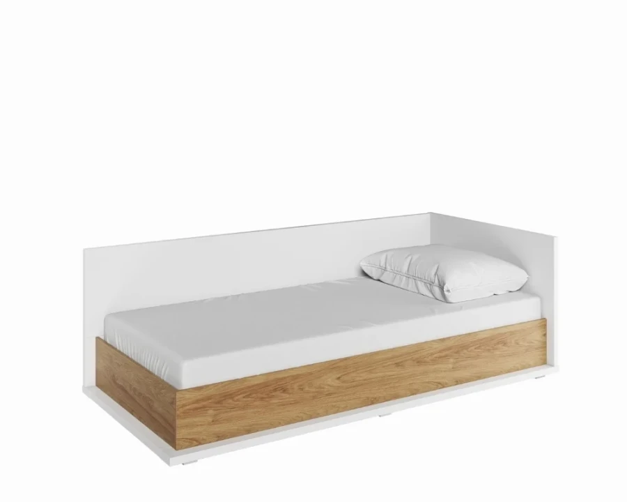 Modernes weißes Jugendbett mit Frontblende in Eiche-Dekor, inklusive Matratze und weißem Kissen.