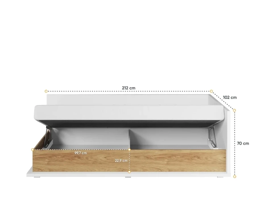 Weißes Funktionsbett mit Bettkasten in Holzoptik und Maßen 212x102 cm