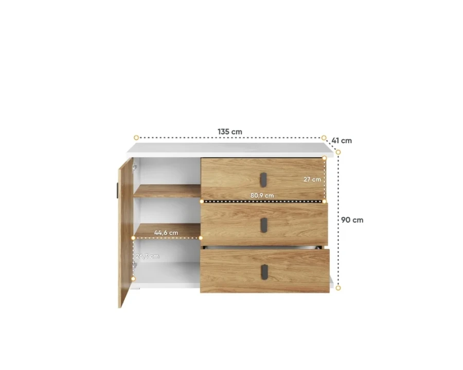 Kommode in Weiß und Eiche-Optik mit Maßen: 135 cm breit, 90 cm hoch und 41 cm tief.