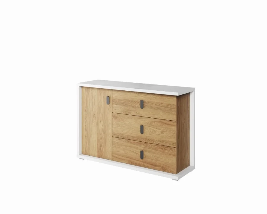 Modernes Sideboard in Weiß und Eiche-Optik mit drei Schubladen und einer Tür.