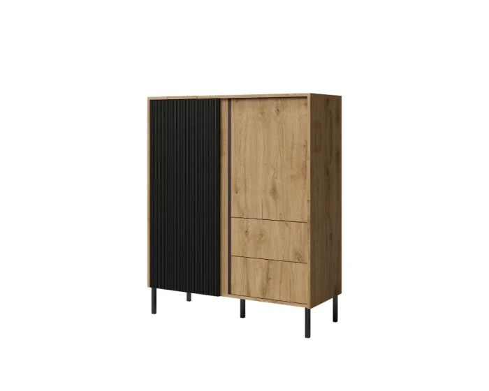 Highboard in Eiche-Optik mit schwarzer Lamellen-Schiebetür und zwei Schubladen.