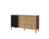 Sideboard in Eiche-Optik mit drei Schubladen und schwarzer Lamellentür.