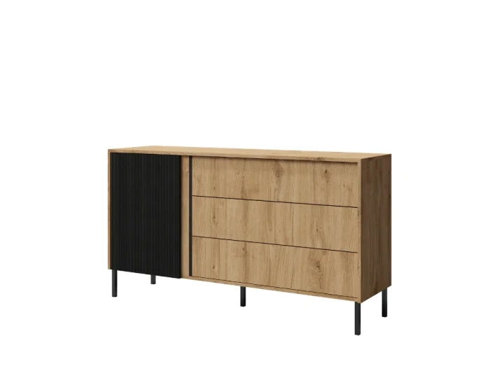 Sideboard in Eiche-Optik mit drei Schubladen und schwarzer Lamellentür.