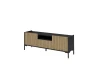 Modernes TV-Lowboard in Schwarz und Eiche-Optik mit Lamellen-Front und offenem Regalfach.