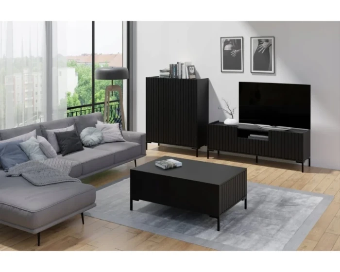 Stilvolles Wohnzimmer-Set in Schwarz mit TV-Unterschrank, Highboard und Couchtisch im Lamellen-Design.