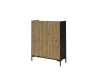 Schwarzes Highboard mit Fronten in heller Eichenoptik und vertikalen Lamellen für modernes Wohnen.