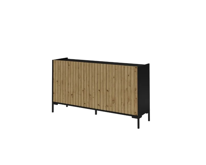 Modernes Sideboard in Schwarz mit Fronten aus Eichenholz-Lamellen auf schlanken Metallbeinen.
