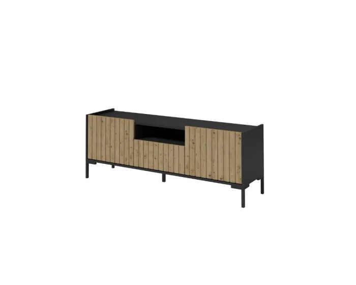 Modernes Lowboard in Schwarz und Holzoptik mit dekorativen Lamellen-Fronten.