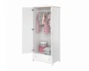 Weißer Kinderkleiderschrank mit rosa Akzenten, offen mit Kleidung.