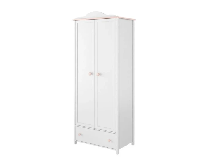 Weißer Kleiderschrank für das Babyzimmer mit rosa Details und praktischer Schublade