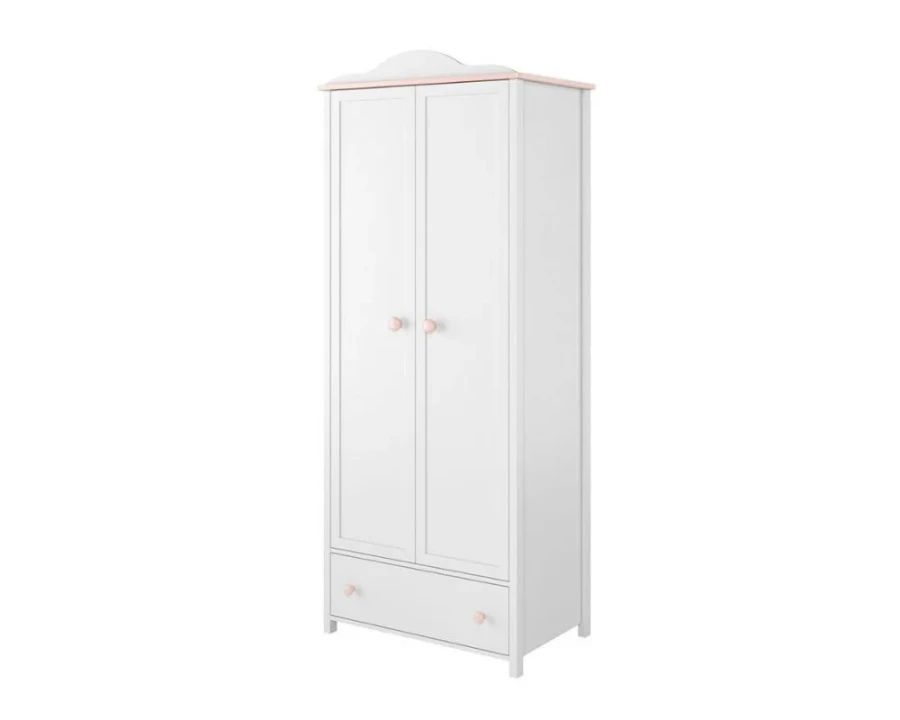 Weißer Kleiderschrank für das Babyzimmer mit rosa Details und praktischer Schublade