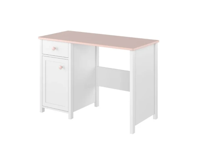 Kinderschreibtisch in Weiß und Rosa mit Schublade und Seitenschrank.