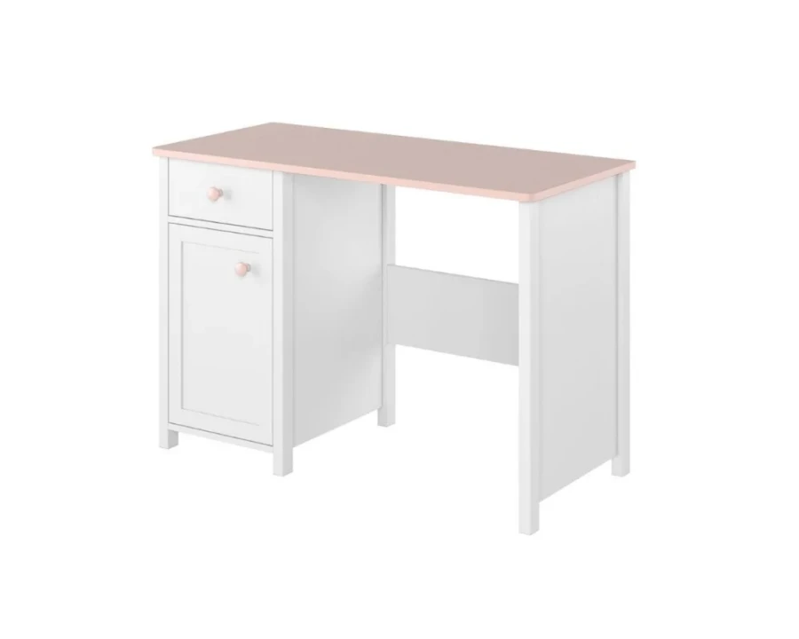 Kinderschreibtisch in Weiß und Rosa mit Schublade und Seitenschrank.