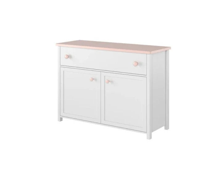 Stilvolle weiße Kommode mit rosa Deckplatte und Knöpfen für das Kinderzimmer.