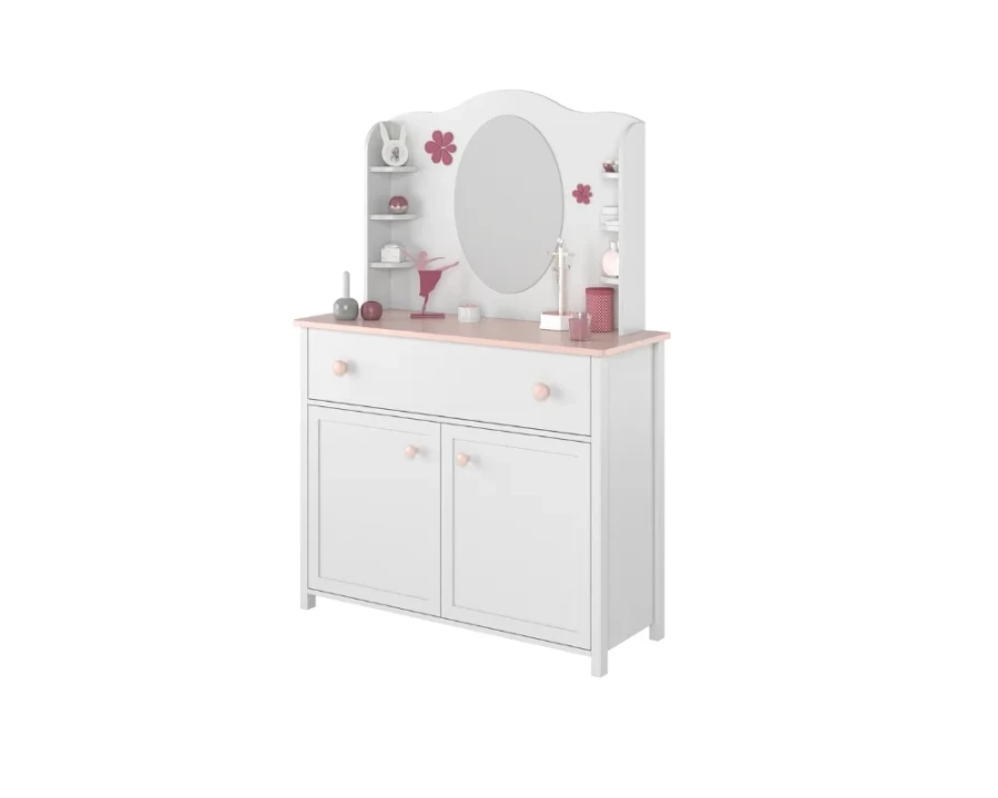 Kinder-Sideboard in Weiß und Rosa mit praktischem Spiegelaufsatz