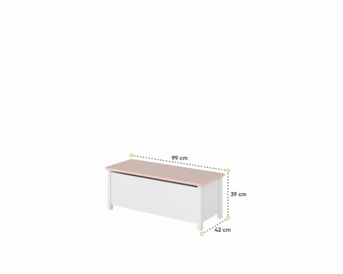 Weiße Spielzeugtruhe mit rosa Deckel und Maßangaben: 99 cm x 39 cm x 42 cm.