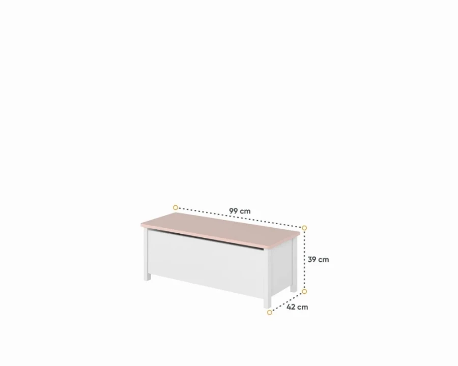 Weiße Spielzeugtruhe mit rosa Deckel und Maßangaben: 99 cm x 39 cm x 42 cm.