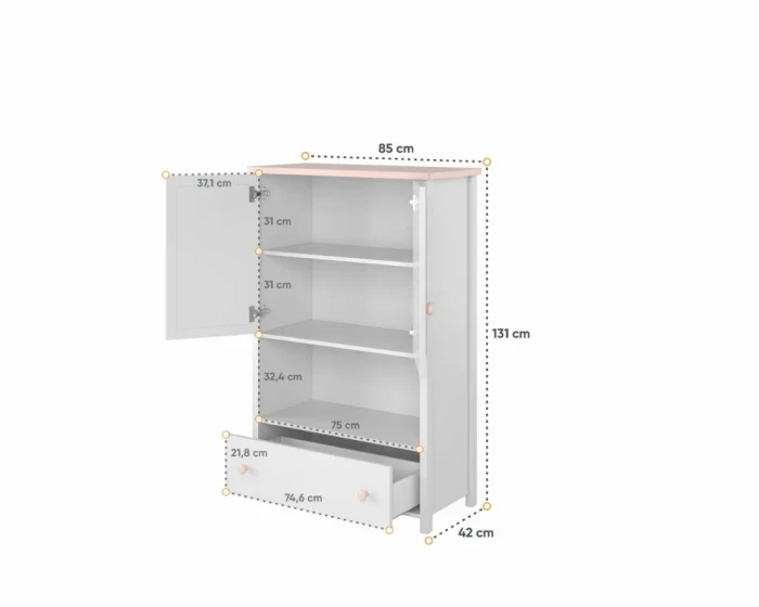 Maßangaben für weißen Kinderschrank mit rosa Akzenten.